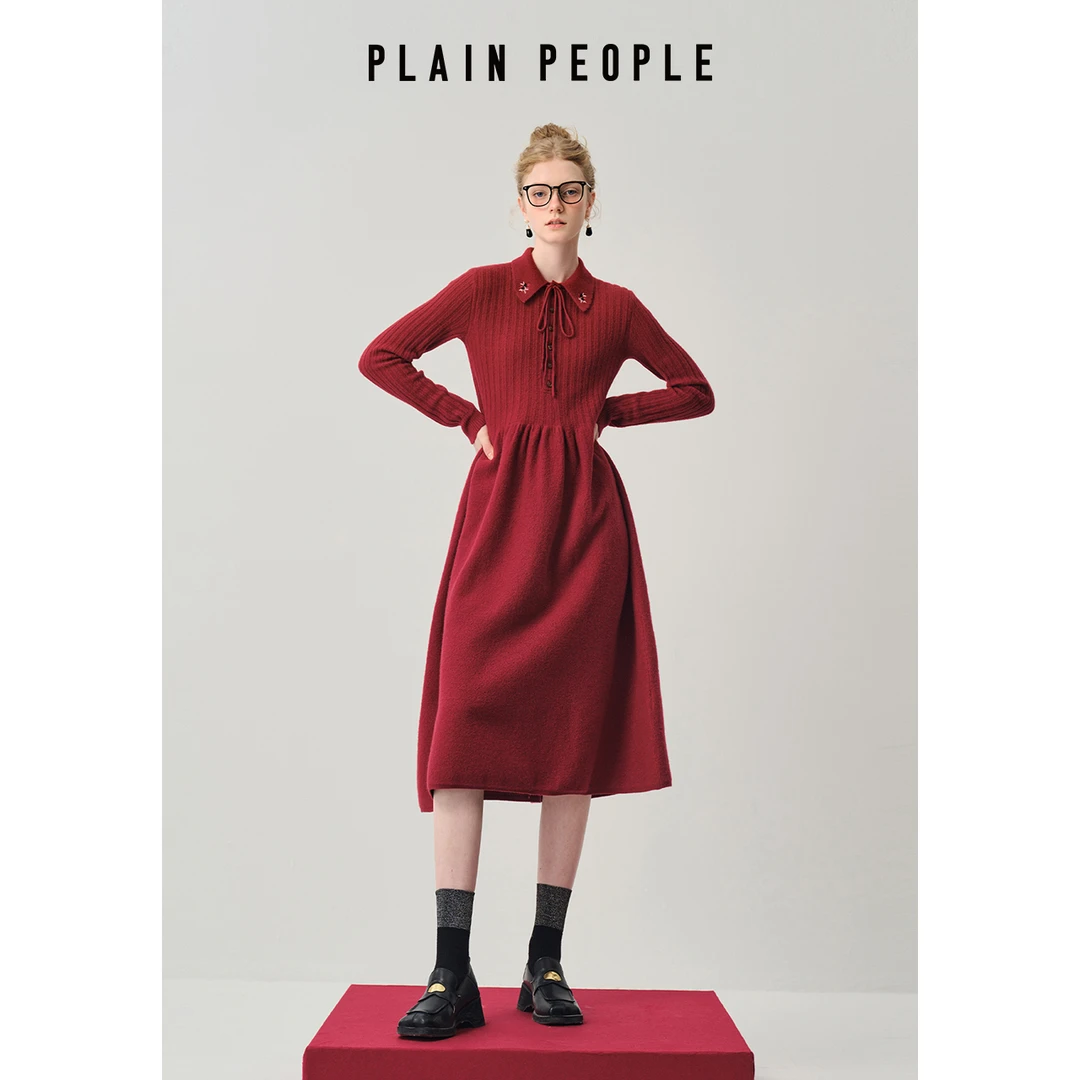 plainpeople复古绣花美丽诺羊毛牛角扣针织连衣裙女秋冬UK0605B41