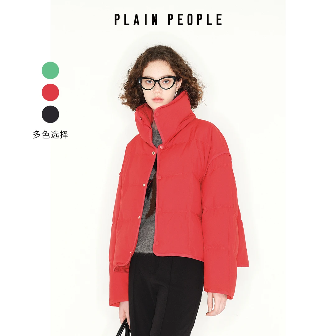 PLAIN PEOPLE安可拉红高领吐司面包鸭绒短外套羽绒服2024冬季新款
