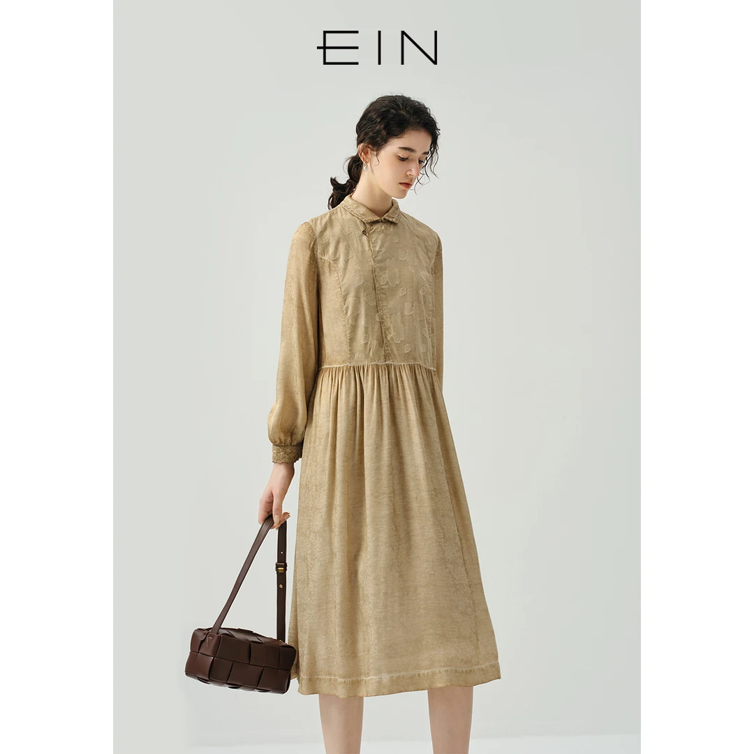 EIN/言2024年春夏文艺炒色提花拼接法式浪漫氛围感长袖女装连衣裙