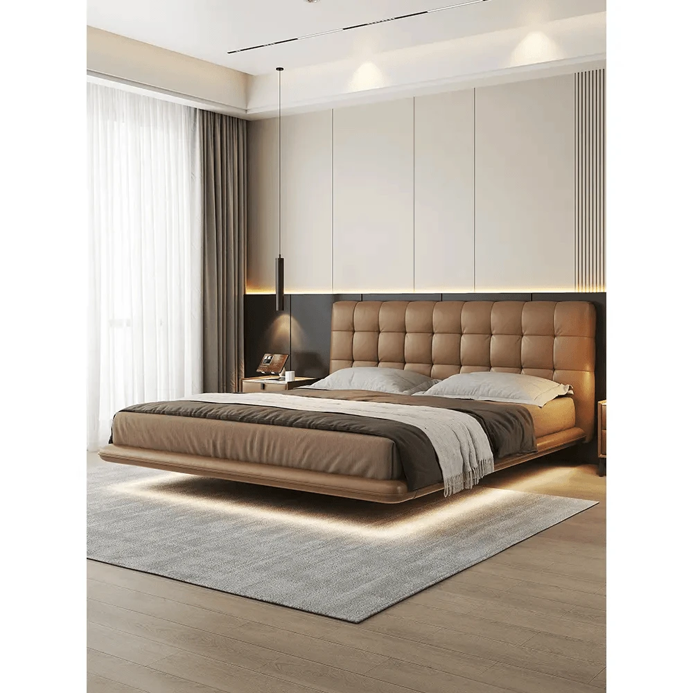 华夫格裙边悬浮床极简主卧大床高档简约婚床现代网红真皮大床F232