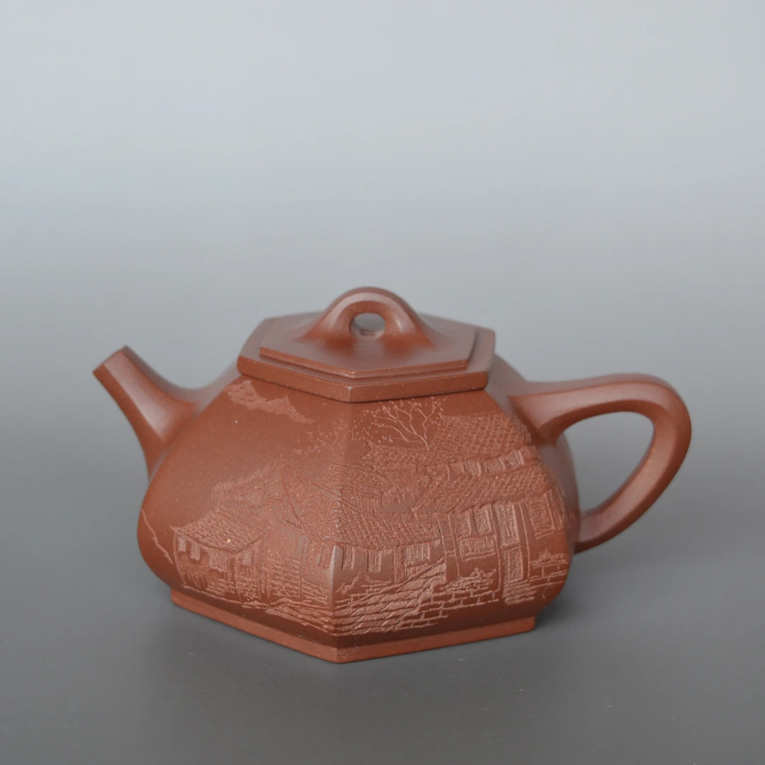 宜兴紫砂壶 全手工原矿红皮龙泥料160cc六方石瓢紫砂壶 精美 茶壶