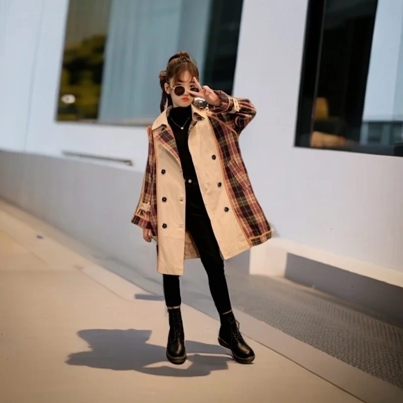 A2-332唯女童春秋休闲格子拼接风衣(WT0314)