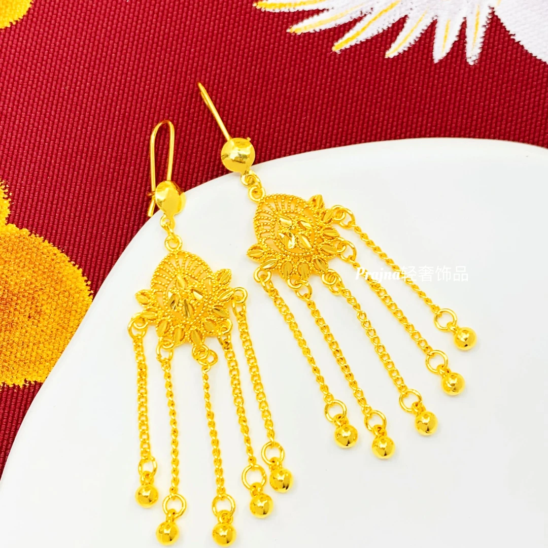 铜合金耳饰 金色波西米亚流苏花朵耳环挂钩复古中长款耳坠耳吊