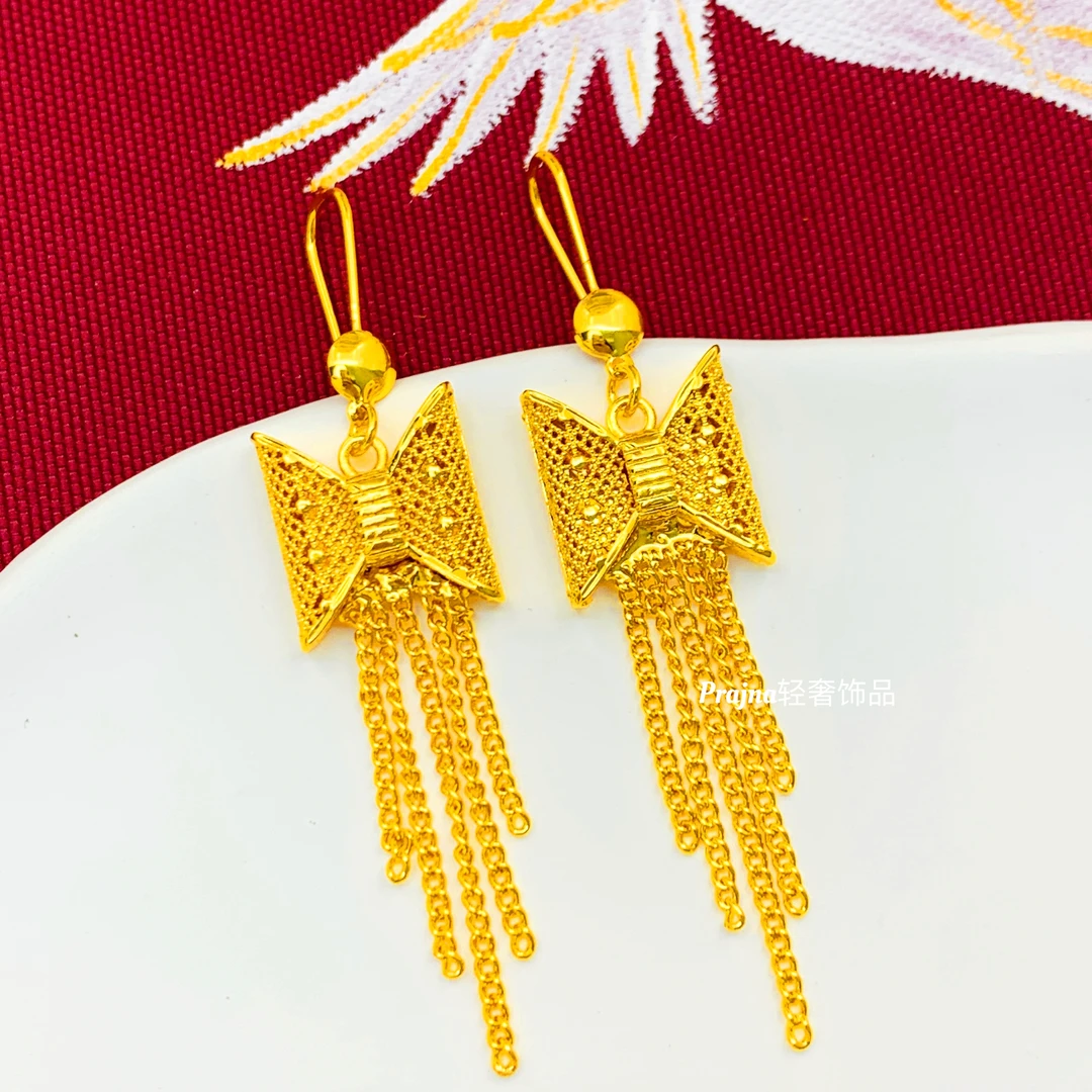 铜合金耳饰 金色重工雕花蝴蝶镂空耳环新中式国风中长款流苏耳坠