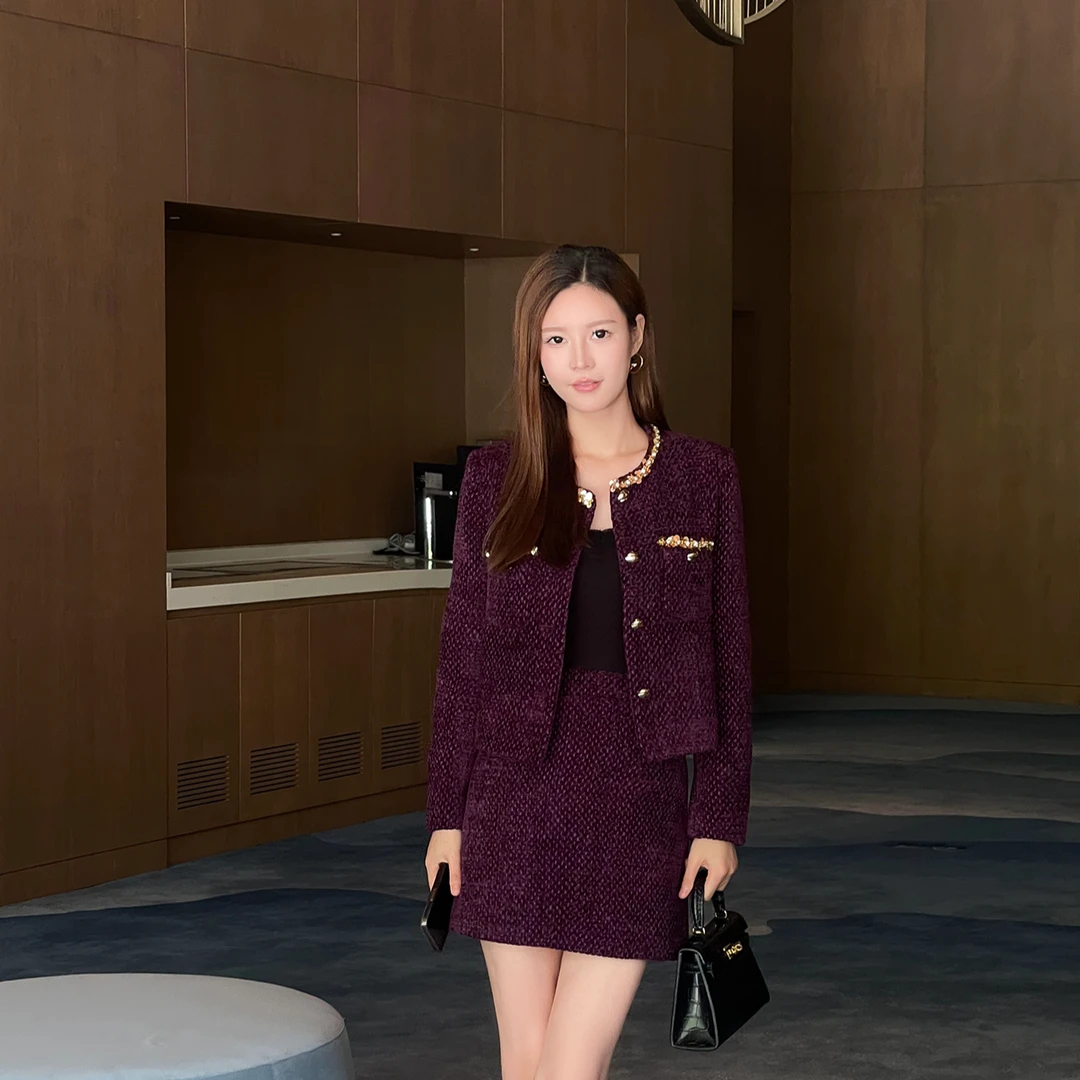 慧慧【微醺葡萄】紫色贵气感名媛小香风套装2025新款秋季女省心穿搭