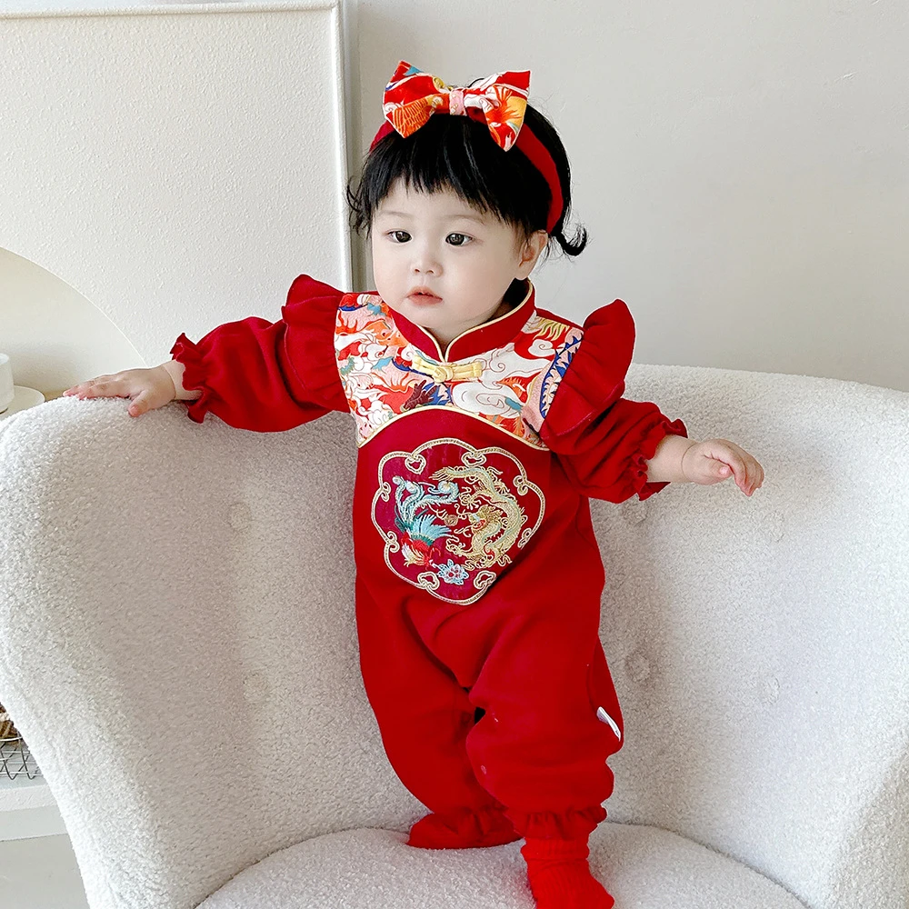 2025春秋装婴儿抓周连体衣中国风喜庆女宝宝满月百天周岁礼服唐装