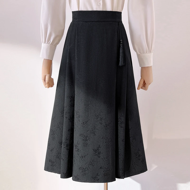 国风提花缎面马面裙百搭洋气中长款百褶裙新中式盘扣流苏两侧口袋
