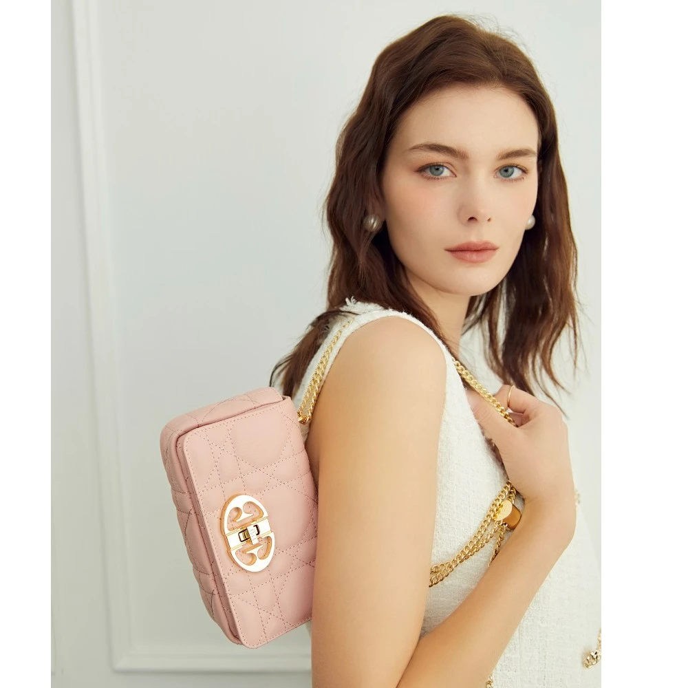 ELLE25头层牛皮菱格链条包压纹单肩小方包斜挎包腋下22382