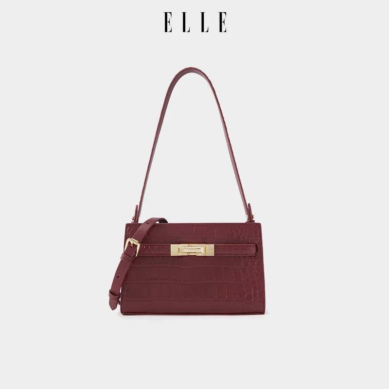 ELLE24新款鳄鱼纹横版斜挎双拼牛皮百搭时髦洋气24791