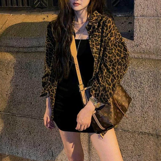 港风复古时尚休闲百搭长袖豹纹衬衫外套+吊带连衣裙两件套女秋季
