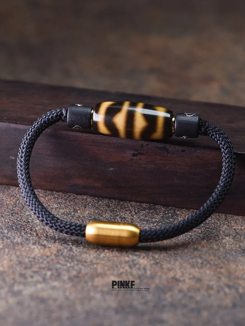 玛瑙手工编织手绳黑金牙黄虎牙手串台珠男士手链简约女饰品珠串