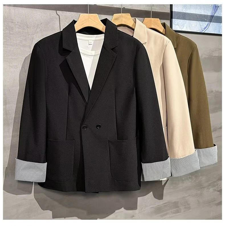 春秋季2024男士轻熟拼接高级感休闲痞帅宽松潮流时尚百搭西装外套