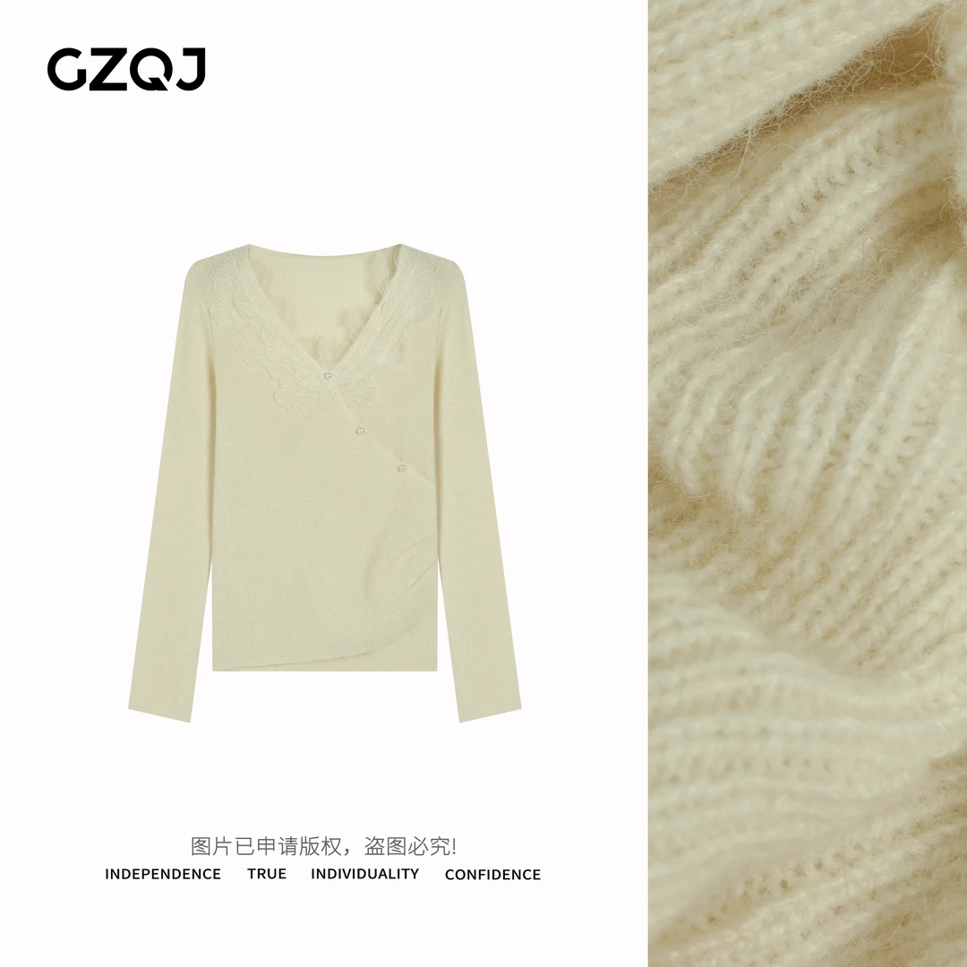 广州琴姐【柔雾花海】修身百搭蕾丝拼接长袖针织衫打底上衣女冬9281