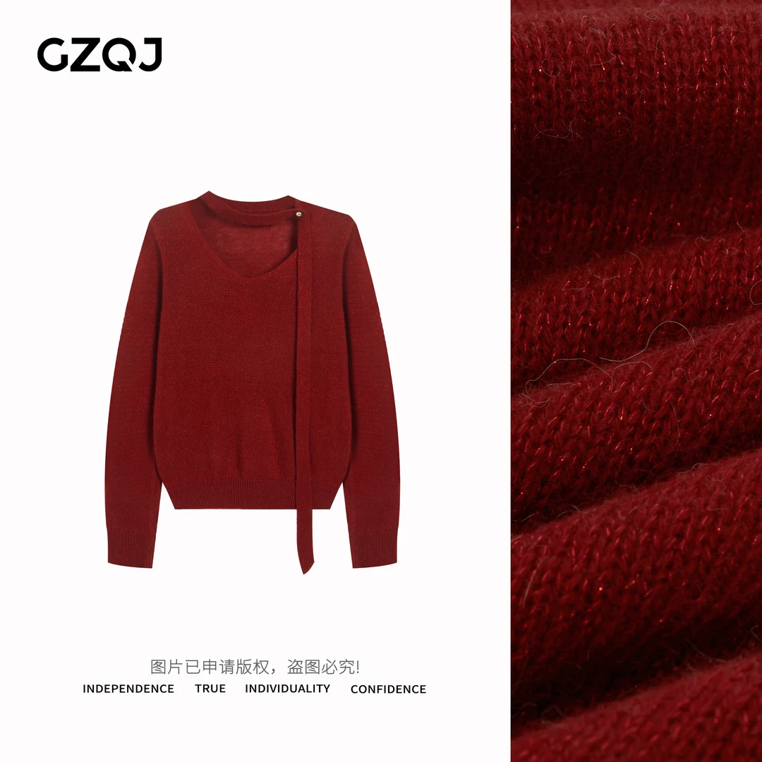 广州琴姐【原生美女】飘带针织衫女秋季浪漫氛围感毛衣上衣女7368