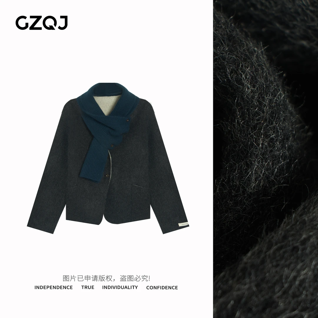 广州琴姐【首尔大衣】带围巾时尚保暖百搭短款毛呢外套女秋冬799