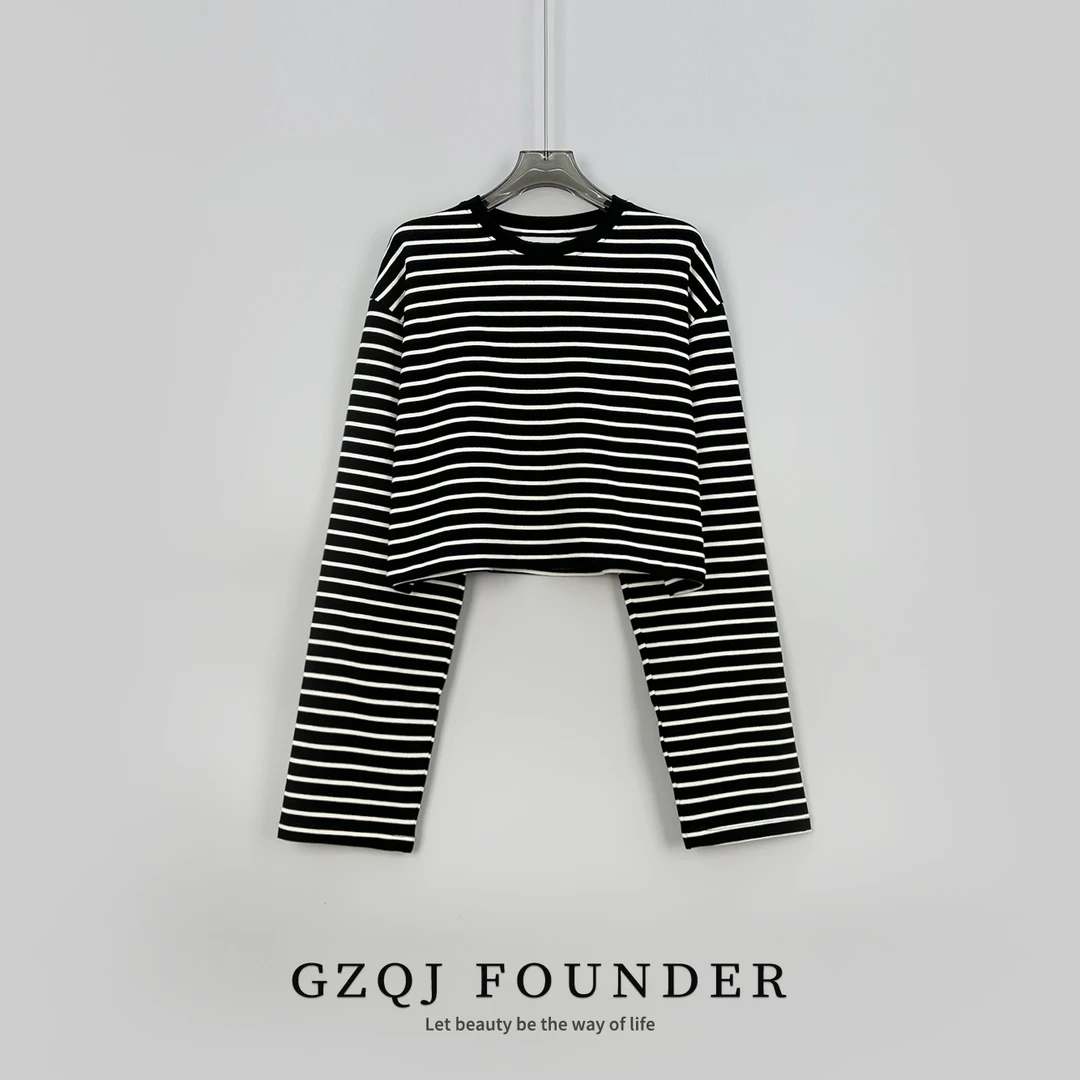 GZQJ【时尚达人】高级感穿搭条纹百搭时尚圆领套头上衣 4169