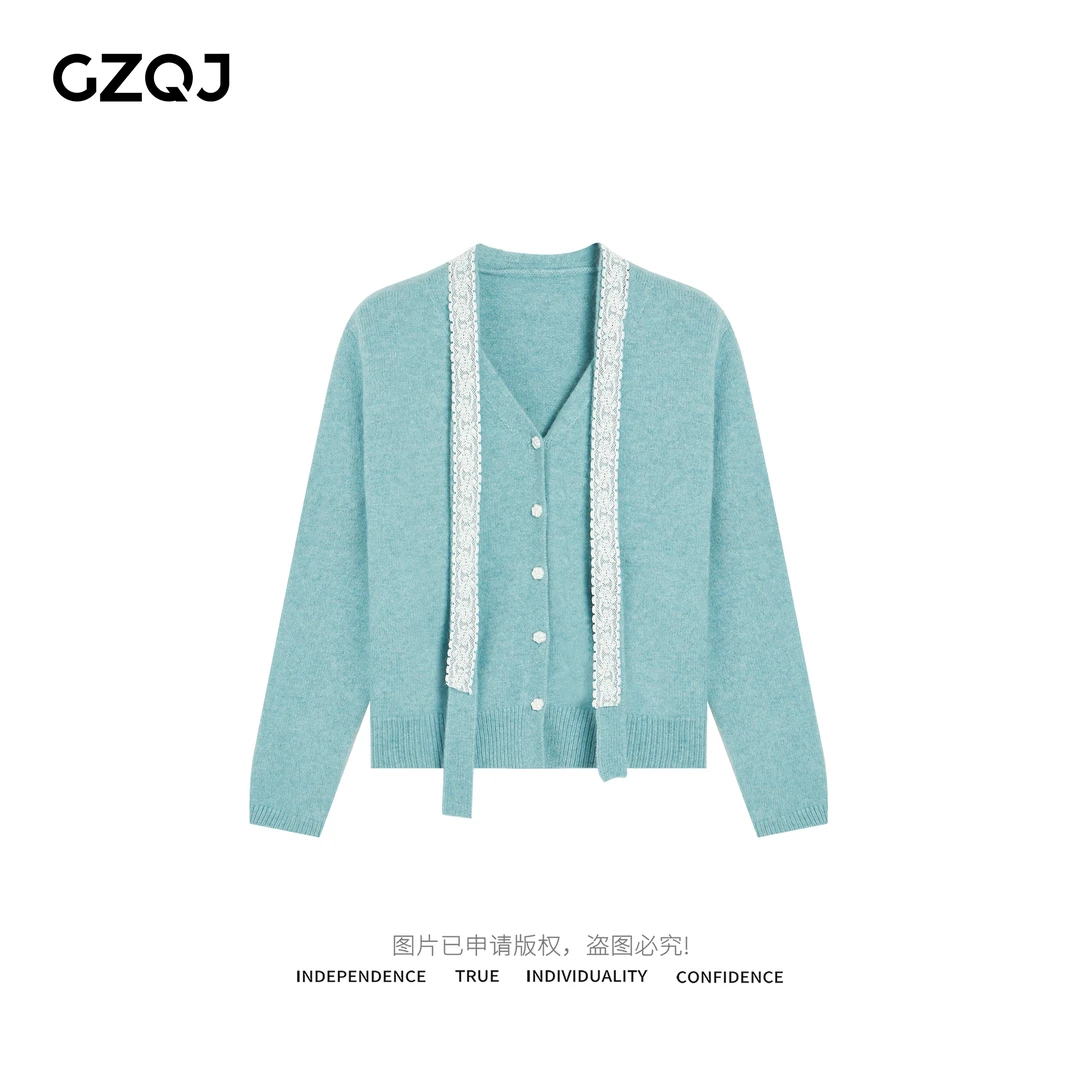 广州琴姐【美高留子】时尚百搭长袖针织衫设计感拼接针织开衫女3783