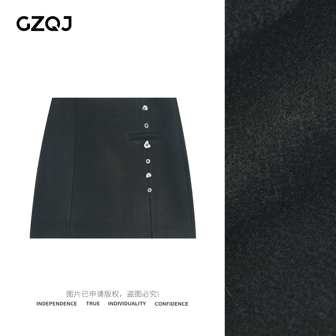 广州琴姐【午茶小调】气质百搭高腰毛呢半身裙秋冬黑色短裙女79337
