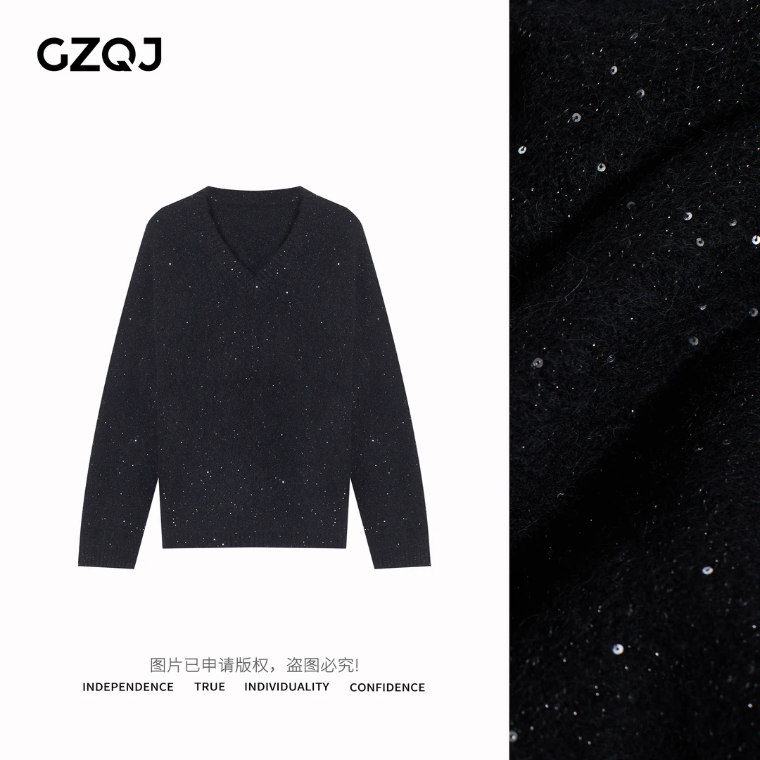 广州琴姐【V领星空】羊驼毛宽松长袖V领亮片套头毛衣针织衫女34228
