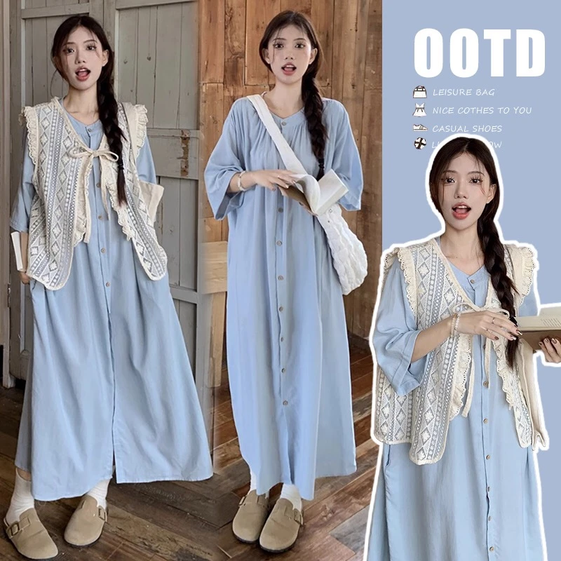 孕妇装小清新复古叠穿重工蕾丝镂空马甲宽松短袖衬衫连衣裙两件套