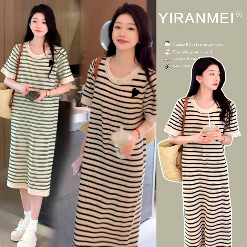 孕妇装2024夏季显瘦条爱心纹镂空针织气质孕期连衣裙宽松版型