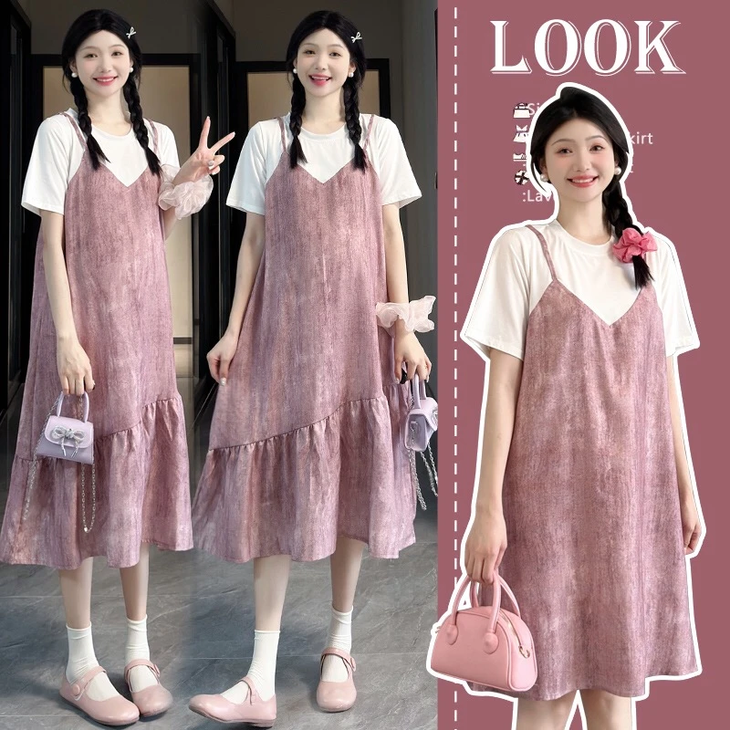 2024孕妇装夏季新款韩版洋气减龄假两件连衣裙宽松显瘦潮妈裙子