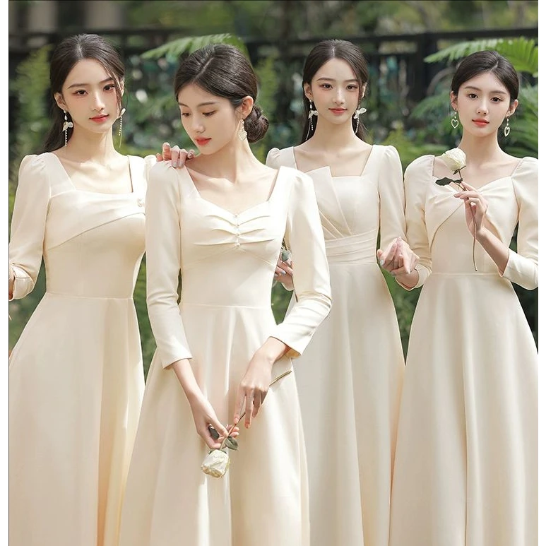 香槟色伴娘服2024新款秋冬长袖平时可穿婚礼姐妹团晚礼服女高级感