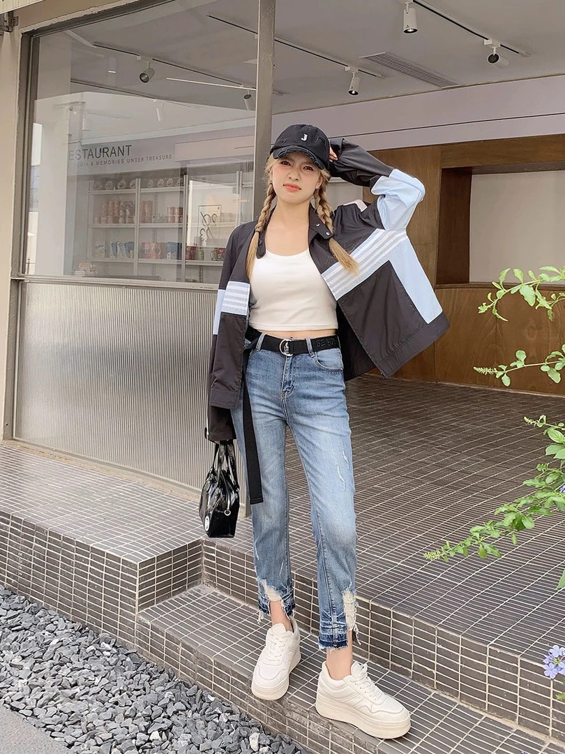 2025春夏新款小众设计裤脚设计烟管裤小个子牛仔裤女高腰显瘦修身