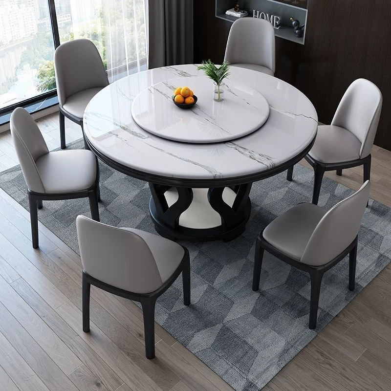轻奢岩板餐桌椅组合现代简约家用北欧圆形带转盘实木大理石大桌子