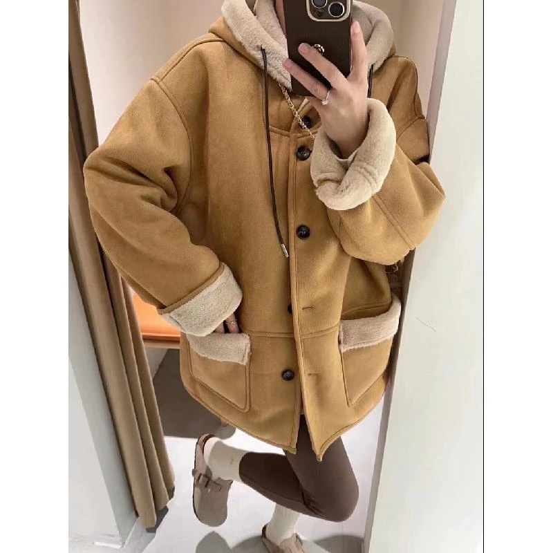 美拉德皮毛一体连帽羊羔毛外套女2025冬季新款宽松加厚麂皮绒夹克