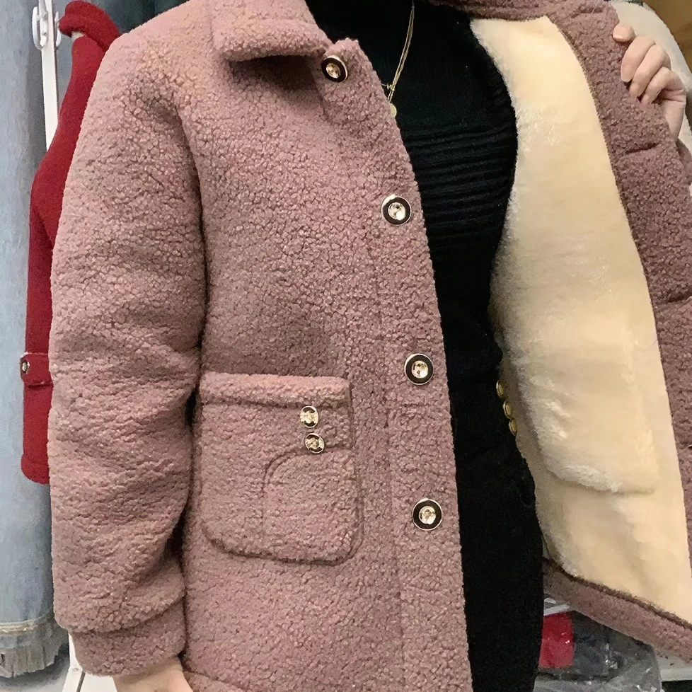 2023新款直角加绒加厚仿羊羔绒女士冬季保暖外套宽松秋冬小香风