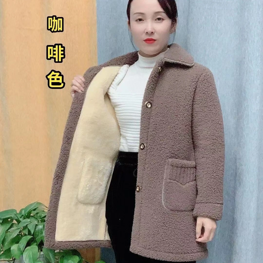 中长款纯色加绒加厚羊羔绒时尚洋气妈妈装休闲宽松女保暖外套圆领