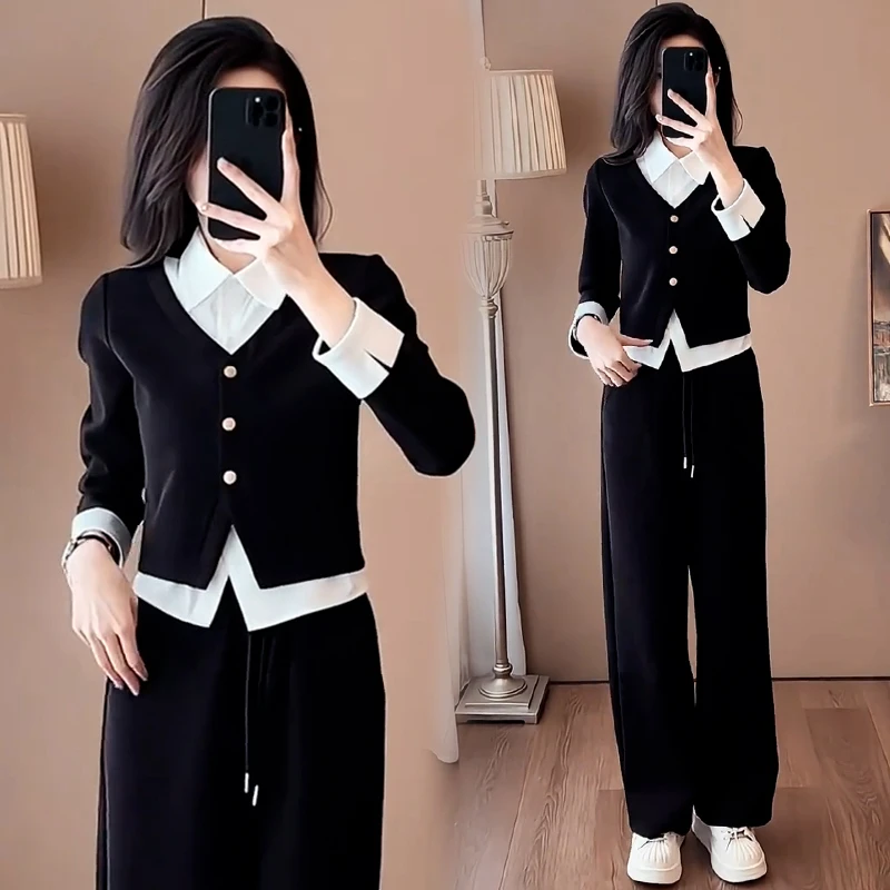 高含棉时尚套装女2024年春秋新款小个子假两件上衣阔腿裤两件套潮