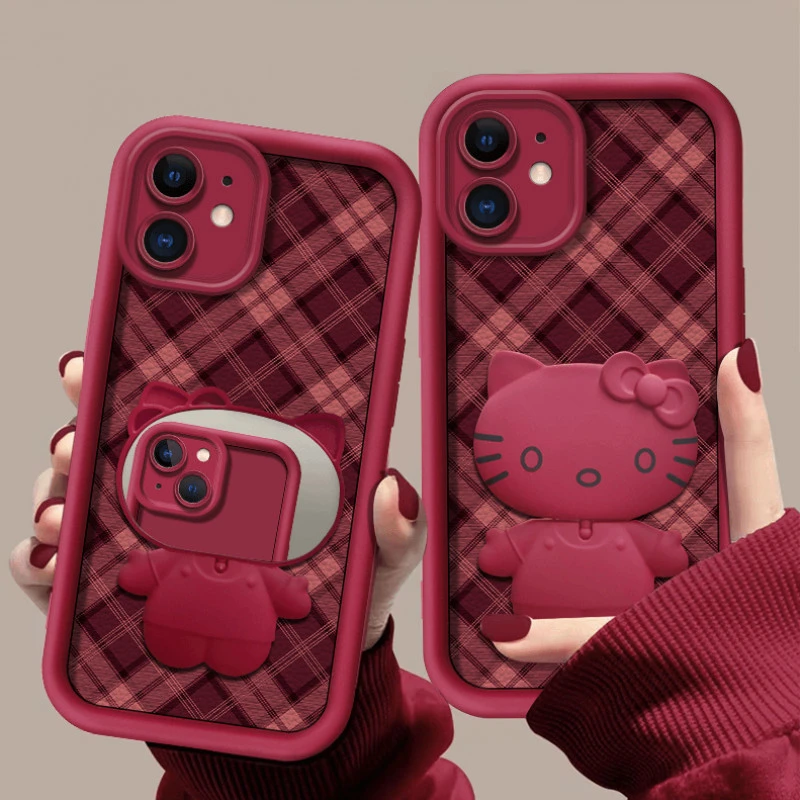 适用于【苹果12】秋冬新款小羊皮布纹猫咪支架全包创意手机壳防摔女
