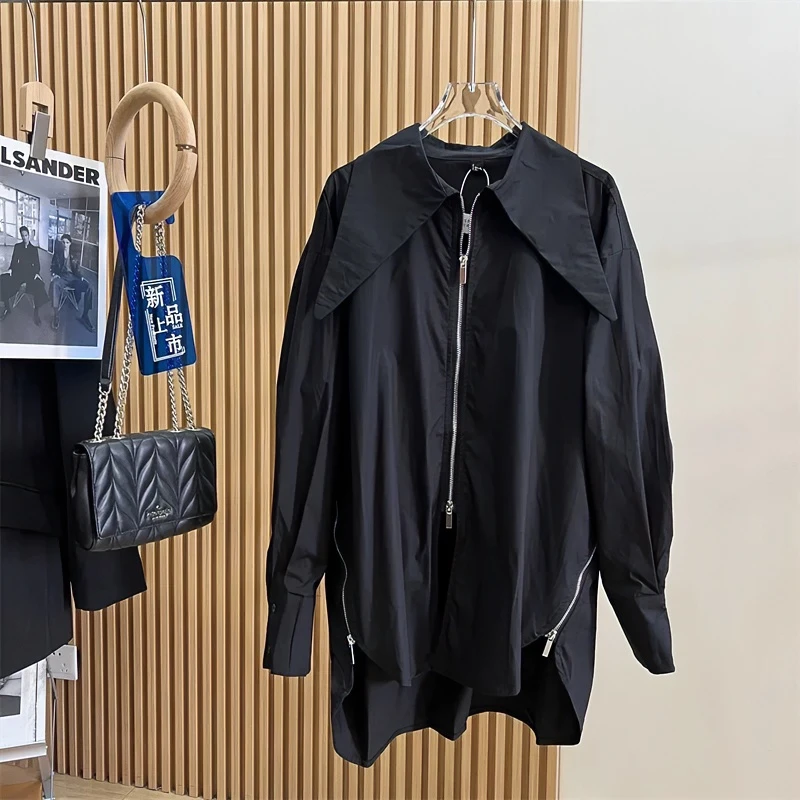 YXG 欧货大尖领重工拉链设计感廓形中长款衬衣长袖时尚休闲百搭