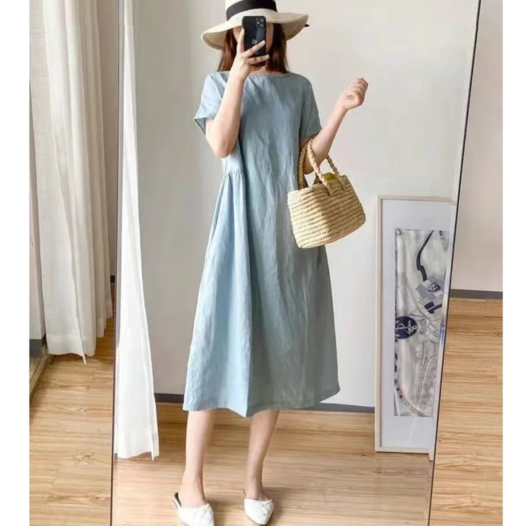 【退换包运费】高品质棉麻连衣裙中长款短袖休闲遮肚显瘦a字裙XK11