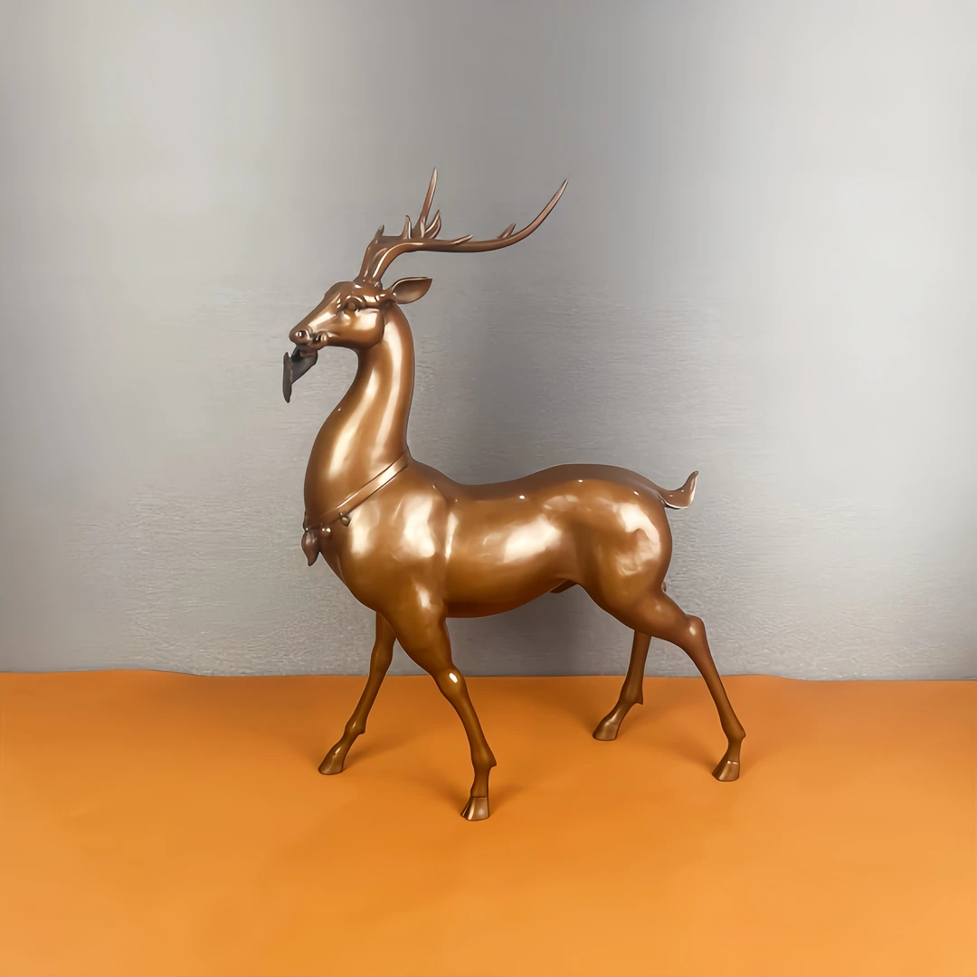 古品轩 【一鹿相伴】新中式纯紫铜鹿家居摆件装饰品客厅开业礼品