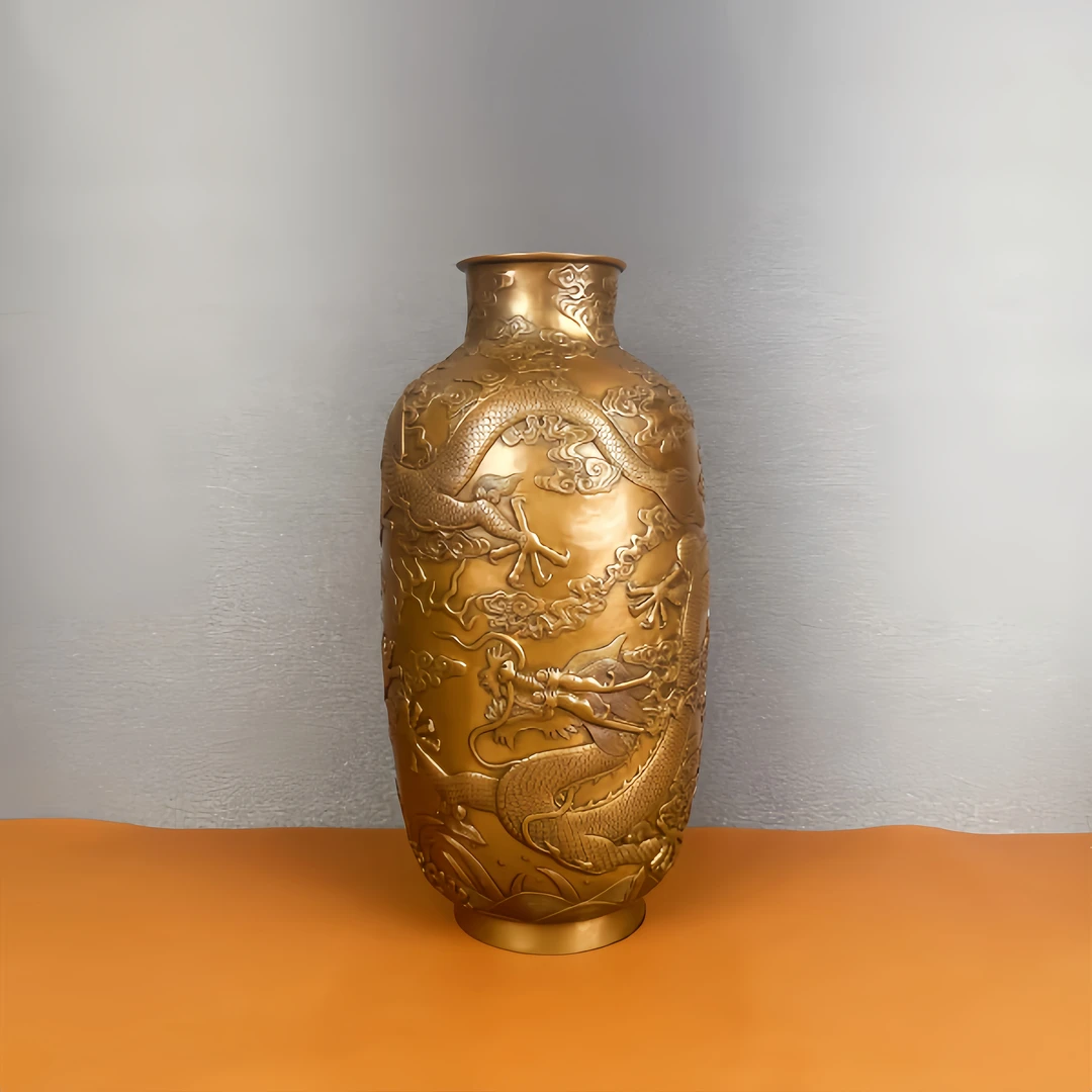 古品轩【双龙花瓶】紫铜花瓶古典工艺品摆件客厅玄关装饰品摆件
