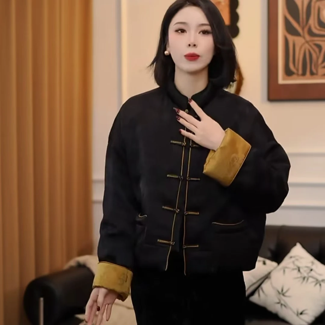 新中式立领盘扣设计拼色长袖棉服外套女秋冬季新款时尚显瘦上衣潮