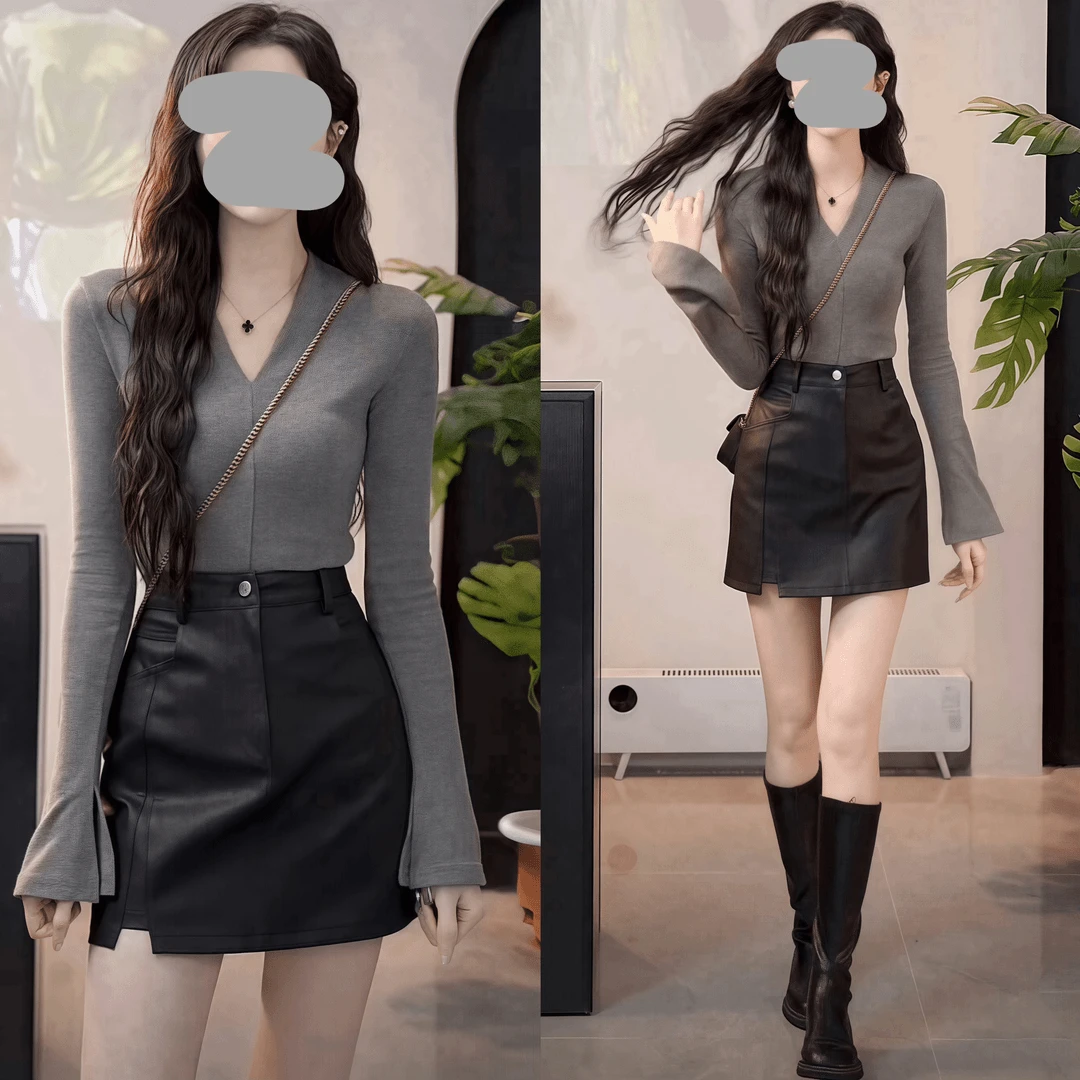 高级感时尚气质修身V领百搭套装多巴胺小众长袖针织衫半裙两件套