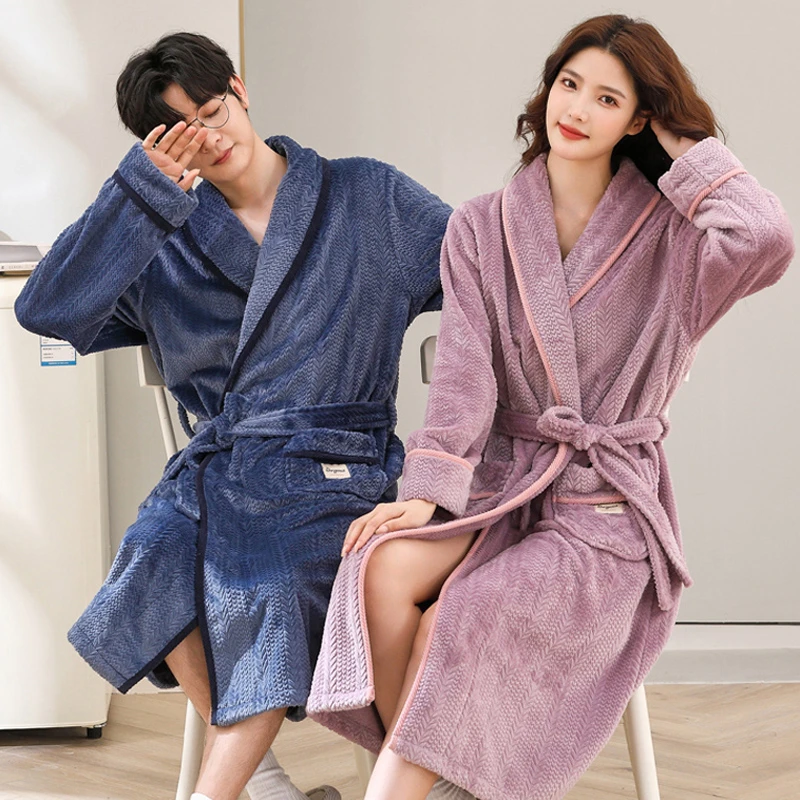 睡袍男秋冬加厚长款法兰绒情侣浴袍女大码加绒保暖珊瑚绒睡衣套装