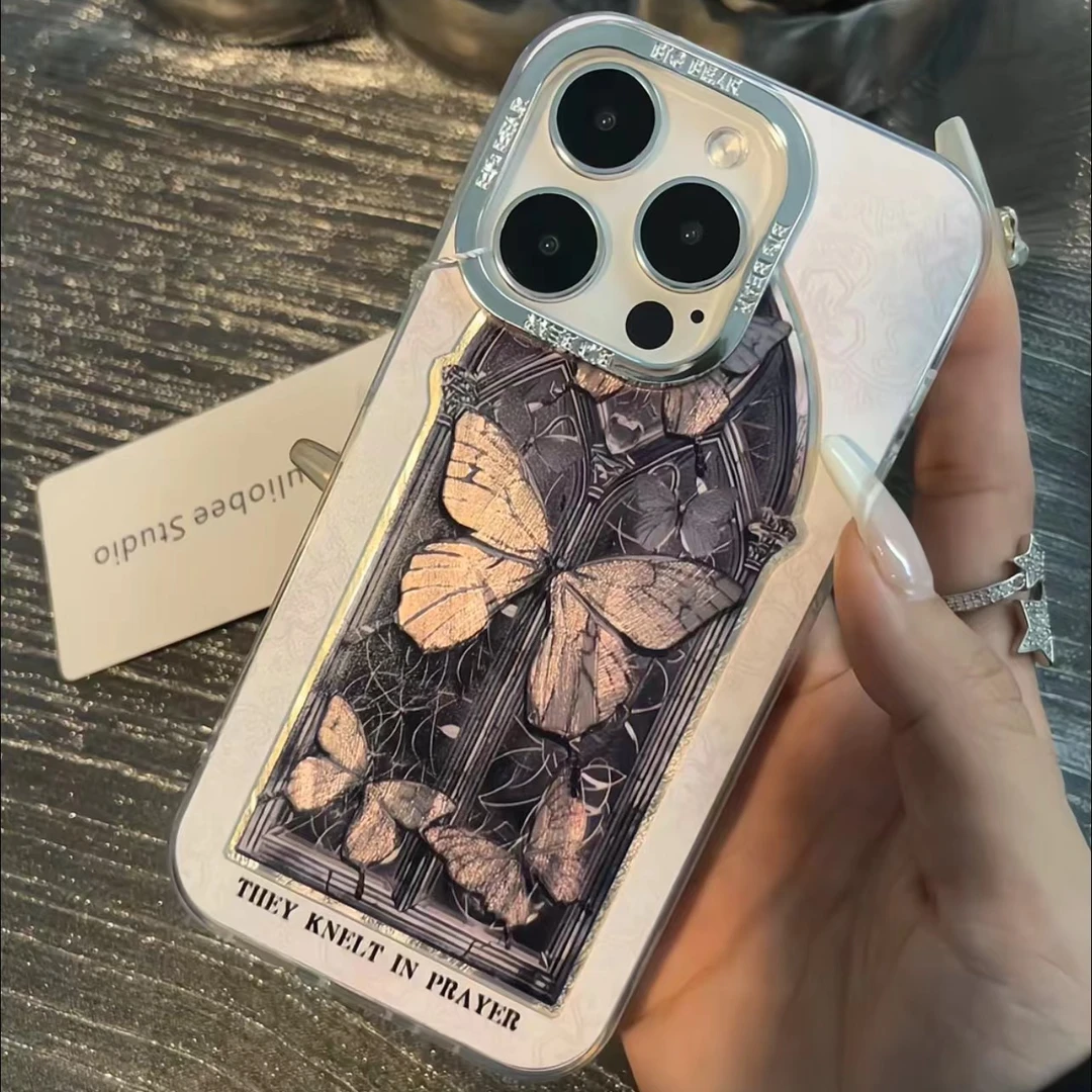 蝴蝶复古门金属羽纱适用苹果15手机壳iPhone13/14promax新款12/11