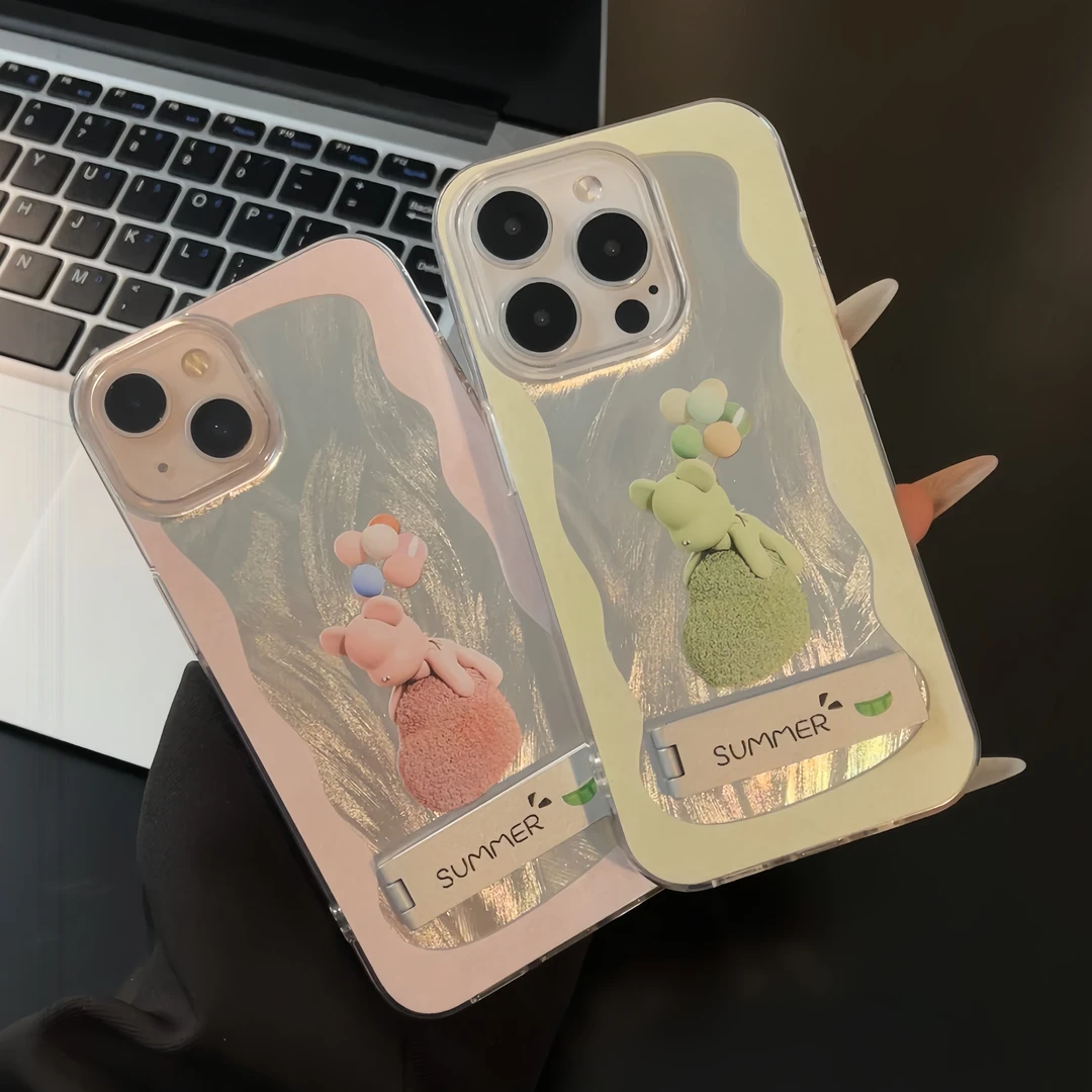 夕与空粉绿气球小熊羽纱壳支架适用苹果15手机壳华为vivo小米oppo