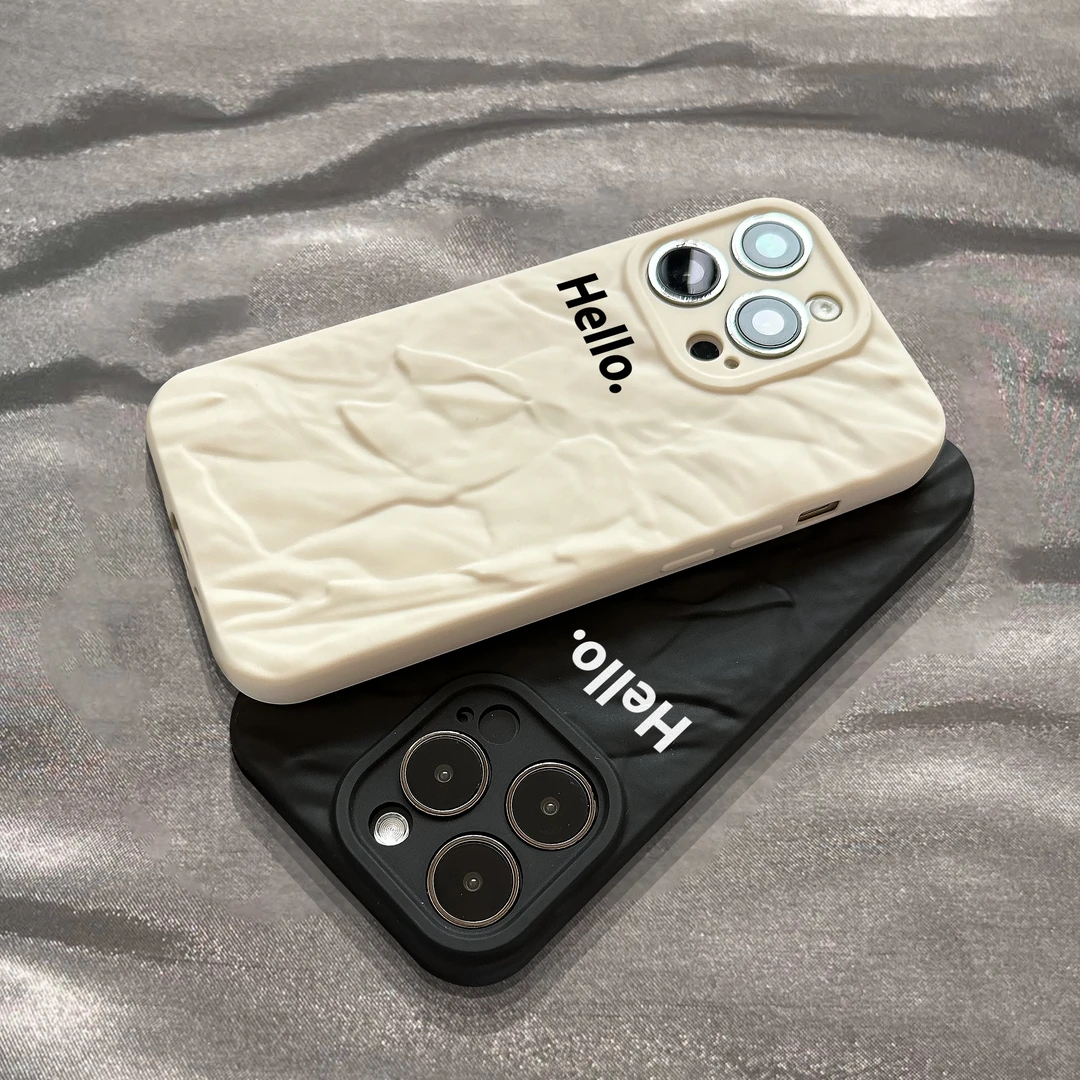 黑白hello褶皱适用于苹果15手机壳iphone13/14promax防摔12/11女