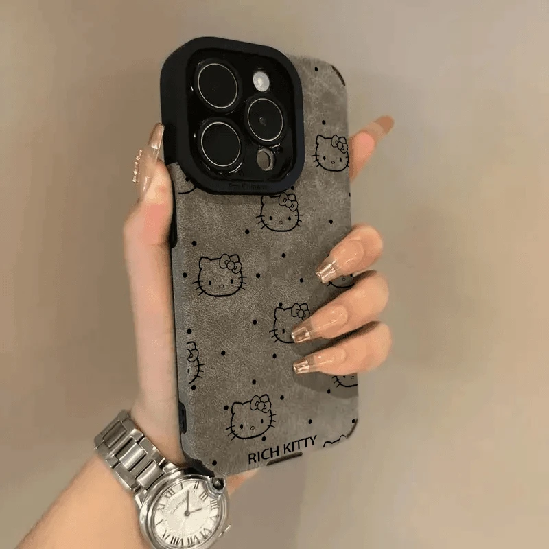 夕与空线条蝴蝶结KITTY适用于苹果16pro手机壳iphone15翻毛皮14软