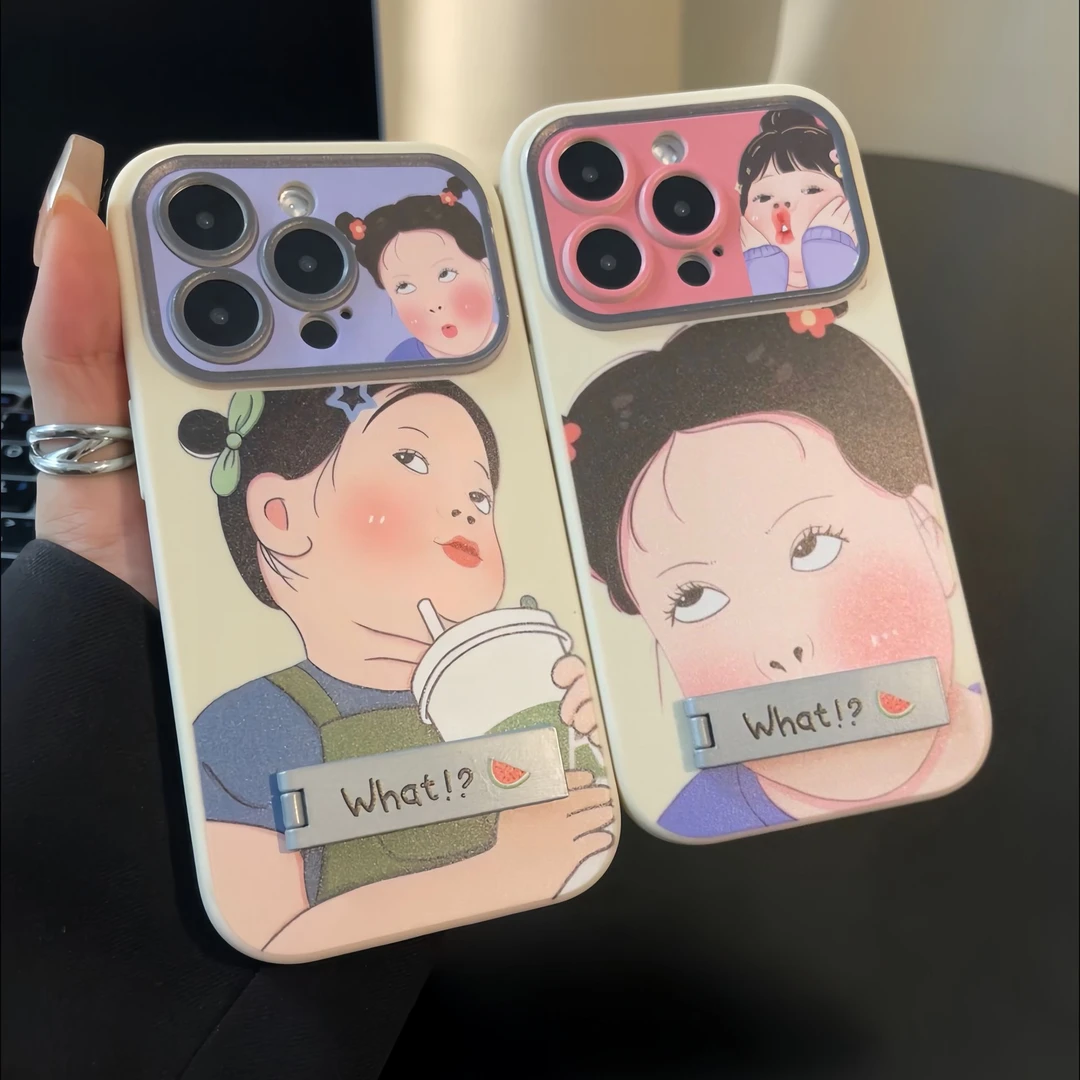 夕与空搞怪嘟嘴女孩磨砂大视窗壳适用苹果15手机壳iPhone13/14/12