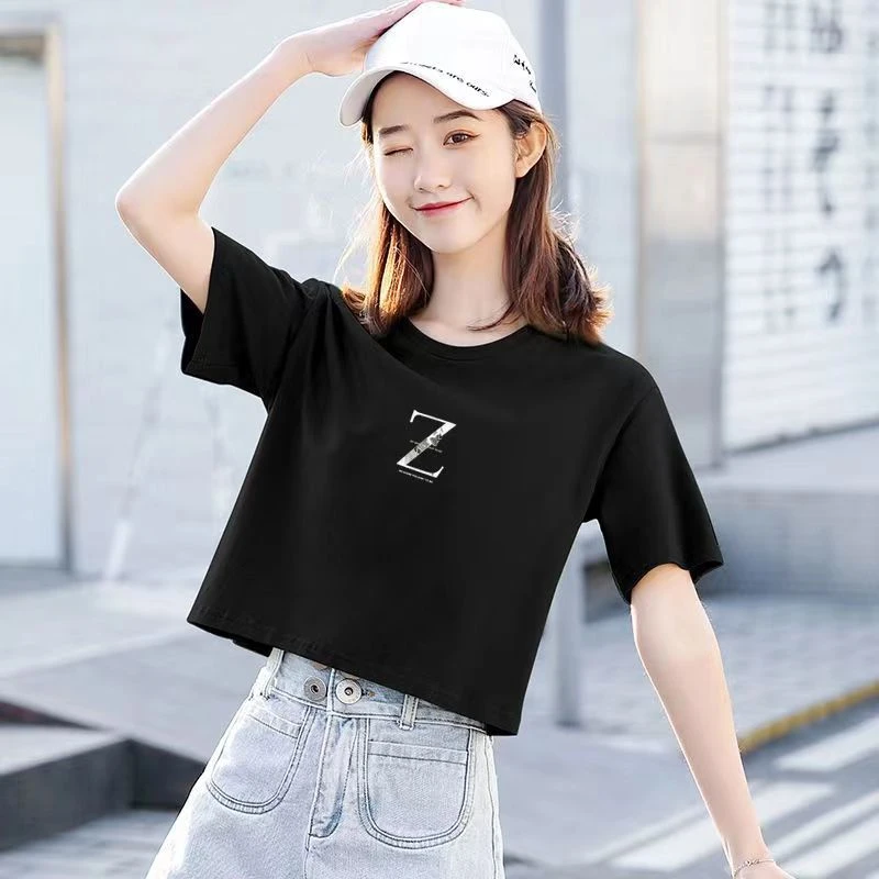 95%棉纯色短袖t恤女夏季宽松百搭ins小个子黑色印花高腰短款上衣