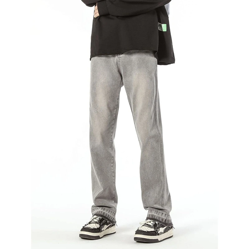 秋季复古灰色牛仔裤男直筒弹力修身美式高街vibe长裤子水洗做旧