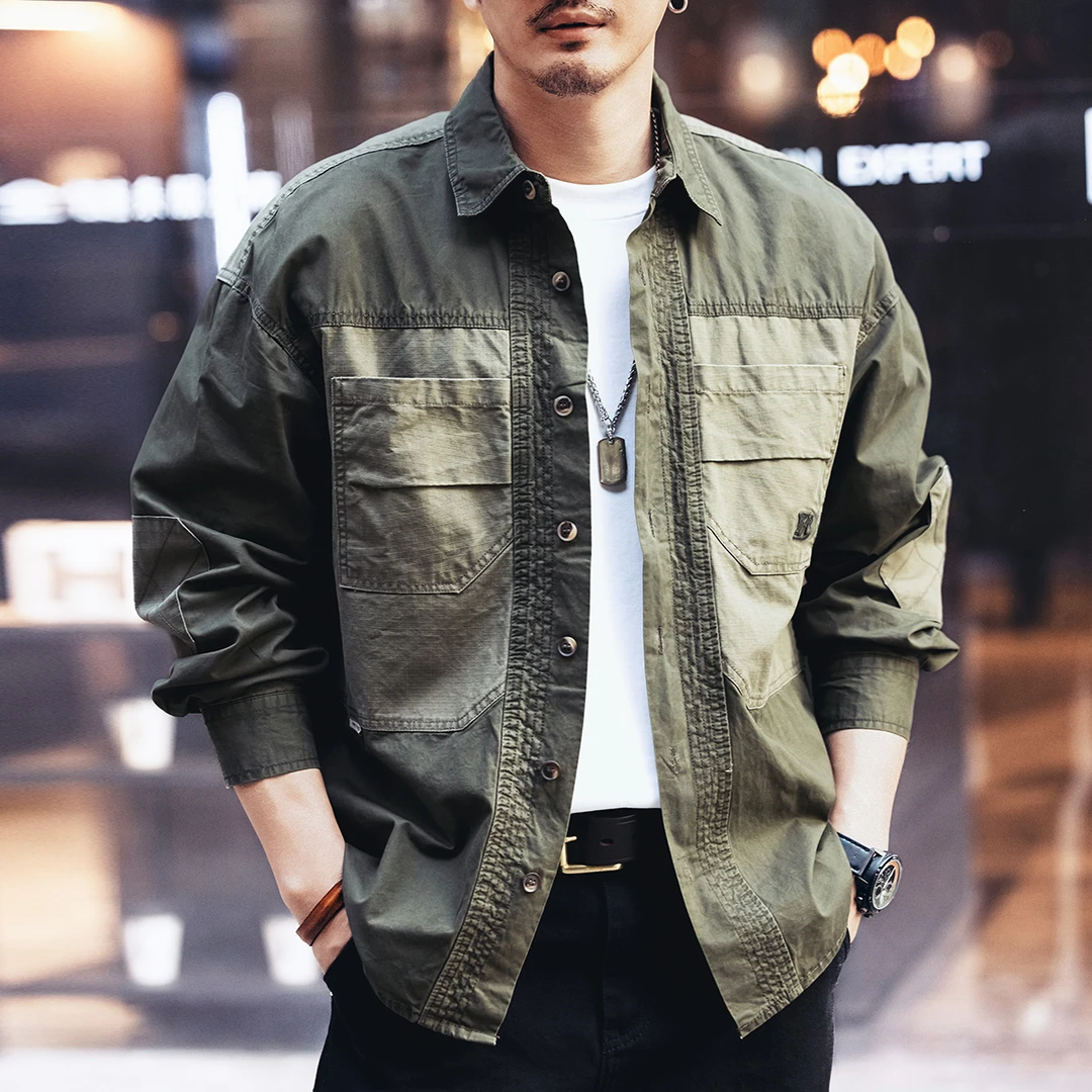 格蓝鹿高端潮牌撞色拼接工装长袖衬衫男秋季宽松大码痞帅休闲衬衣