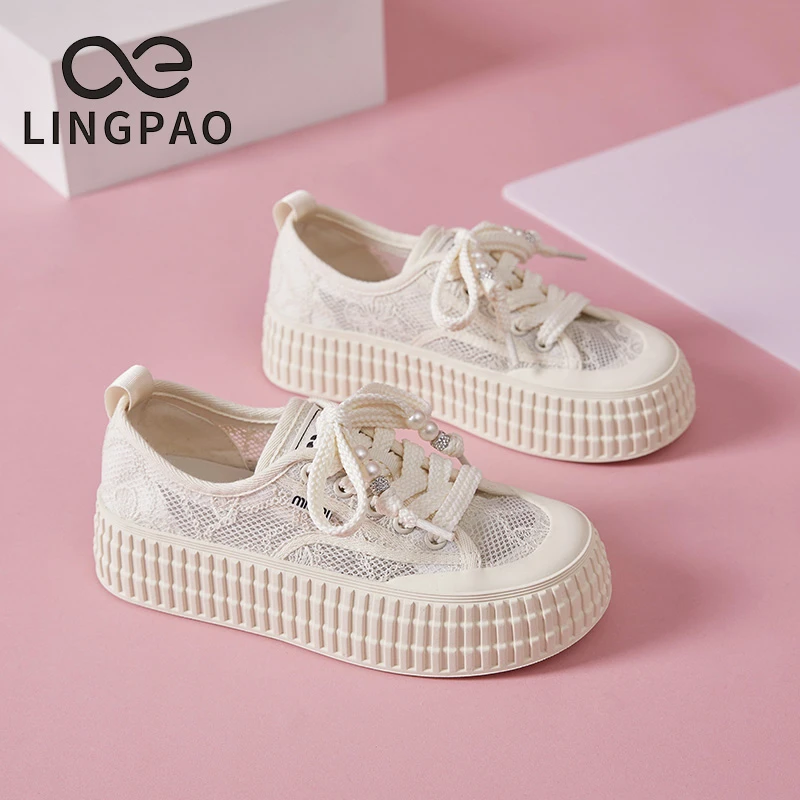 领跑国风蕾丝透气厚底网鞋休闲运动夏季新款百搭软底薄款板鞋外穿